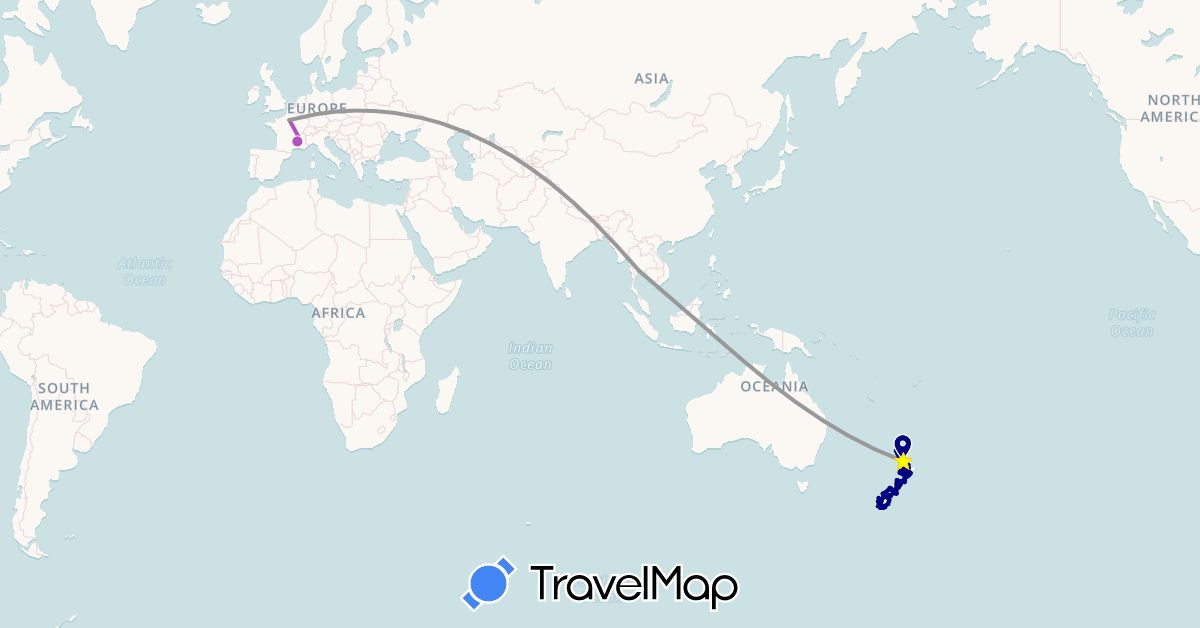TravelMap itinerary: driving, bus, plane, train, hiking, boat in France, New Zealand, Thailand (Asia, Europe, Oceania)